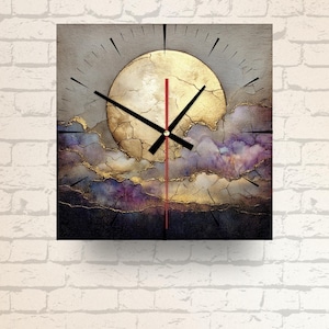 May include: Square wall clock featuring an abstract design with a golden sun, purple and gold clouds, and black clock hands. The clock has a red second hand and is mounted on a white brick wall.