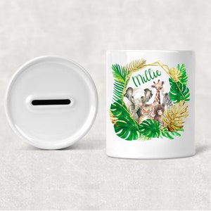 Personalised money box, Jungle animals piggy bank, New baby gift, First birthday, keepsake, nursery decor
