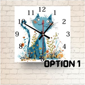 May include: A blue cat with a white face and a red nose is surrounded by flowers and greenery. The cat is looking at the clock face, which has black hands and black numbers. The clock face is white and has the numbers 1 through 12 on it. The clock is labeled "OPTION 1".