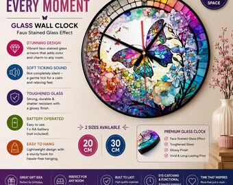 Butterfly Wall Clock: Faux Stained Glass Floral Design