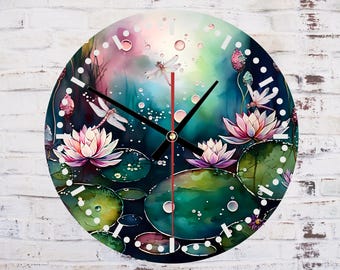 Water Lily Pond Glass or MDF Wall Clock: Faux Stained Glass Decor