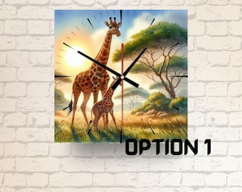 Giraffe Family Glass Wall Clock: African Safari Home Decor