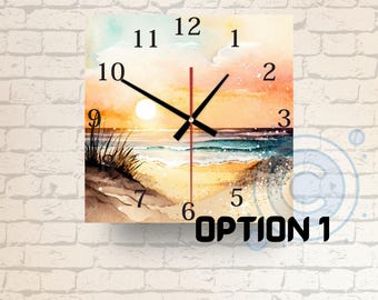 May include: Square wall clock with a beach sunset watercolour painting. The clock face has black hands and numerals set against a golden sun, blue ocean, and sandy shore. The text "OPTION 1" is at the bottom.