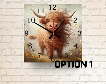 Highland Cow Glass Wall Clock: Rustic Country Kitchen Decor