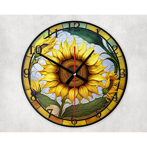 Sunflower runde Glas Wanduhr, Wanddekor, Glasmalerei, Einweihungsparty oder Geburtstagsgeschenk für Familie und Freunde