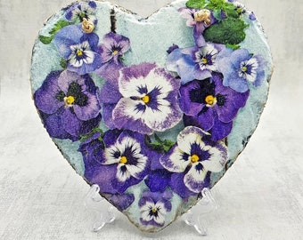 Floral slate heart, Pansies and daisies hanging wall decor, indoor, garden and outdoor decor, gift idea