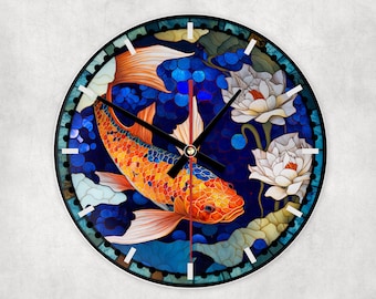 Japanese Koi Fish round glass wall clock, wall decor, faux stained glass design, housewarming or birthday gift for family and friends