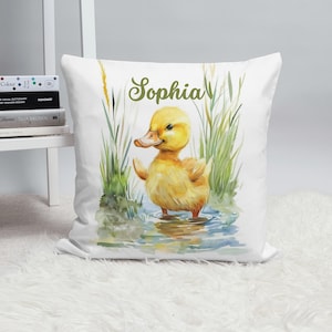 Funda de cojín personalizada de patito bebé: cojín con nombre personalizado para habitación infantil o infantil. Bonito regalo decorativo de patito amarillo para baby shower.