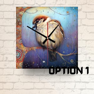 May include: Square wall clock featuring a detailed painting of a sparrow perched on a branch. The bird has brown and beige feathers, set against a blue and purple background. Black clock hands and a red second hand indicate the time. The clock is mounted on a white brick wall.