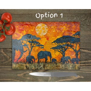African Elephants Sunset Glass Chopping Board: Kitchen Decor Gift
