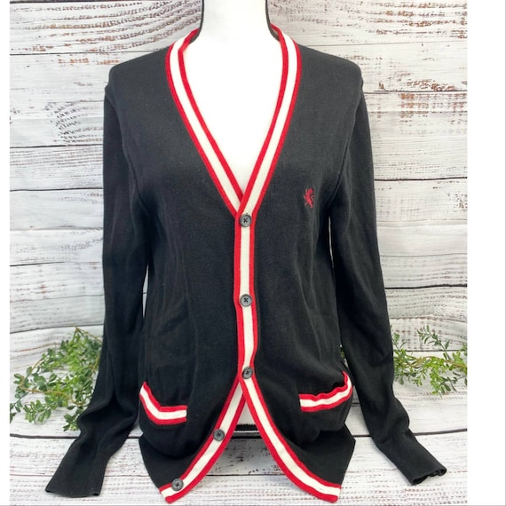 Vintage 1990 s Express Black Red White Stripe Button Front V neck Cardigan Small Etsy