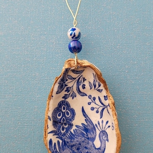 Chinoiserie Shell Ornament, Seashell Ornament, Blue and White Oyster Christmas Ornament, Oyster Shell Ornament, Decoupaged Oyster Shell
