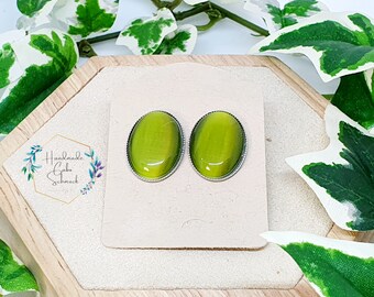 Stainless Steel Cabochon Earrings Studs, 13 x 18mm, Cateye Olive Green