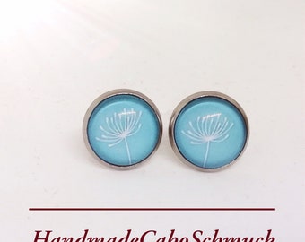 12 mm cabochon dandelion earrings light blue white