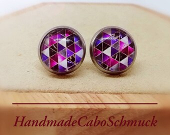 12mm stainless steel cabochon earrings, geometric pattern, purple pink gold checkered