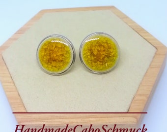 20 mm stainless steel cabochon earrings yellow, crackled