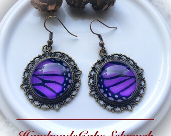 20 mm cabochon earrings, drop earrings, bronze setting butterfly purple/black