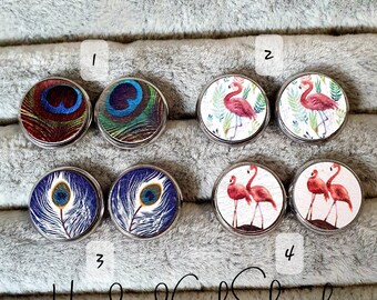 12 mm cabochon earrings, wooden cabochon, flamingo, peacock feather