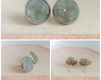 12 mm Cabochon earrings, druzy grey, glitter crystal