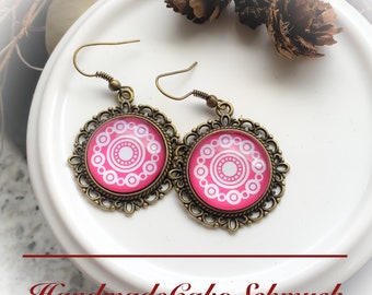20 mm cabochon earrings, bronze setting, mandala pattern pink and white