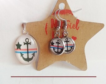 Stainless steel cabochon jewelry set, anchor, maritime, white multicolored