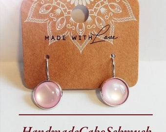 12 mm cabochon earrings, ear studs, ear hangers moonstone, pearl optics pink