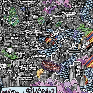 Affiche de Téhéran - Map of Tehran - Cartographie Dessinée à la main pour décoration murale représentant le métro de Téhéran