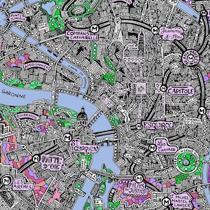 Affiche de Toulouse - Cartographie dessinée à la main pour décoration murale - Map of Toulouse