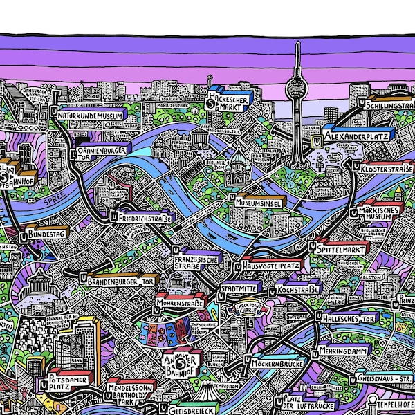 Affiche de Berlin - Cartographie Dessinée à la main pour décoration murale - Map of Berlin