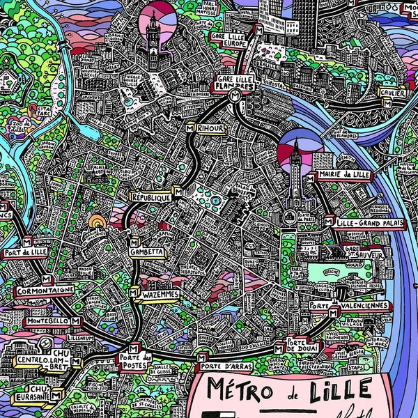Affiche de Lille - Cartographie Dessinée à la main pour décoration murale - Map of Lille