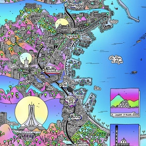 Affiche ALGER - Map of Algiers - Cartographie Dessinée à la main pour décoration murale représentant Alger