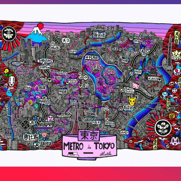 Affiche de Tokyo - Cartographie Dessinée à la main pour décoration murale - Map of Tokyo