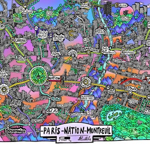 Affiche de Paris Nation Montreuil - Cartographie Dessinée à la Main pour décoration murale - Map of Paris Nation Montreuil