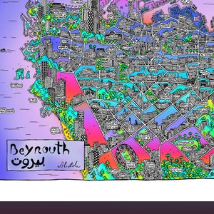 Affiche BEYROUTH - Map of Beirut - Cartographie Dessinée à la main pour décoration murale représentant Beyrouth