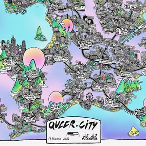 QUEER CITY - Affiche Cartographie LGBTQI+ dessinée à la main pour décoration murale