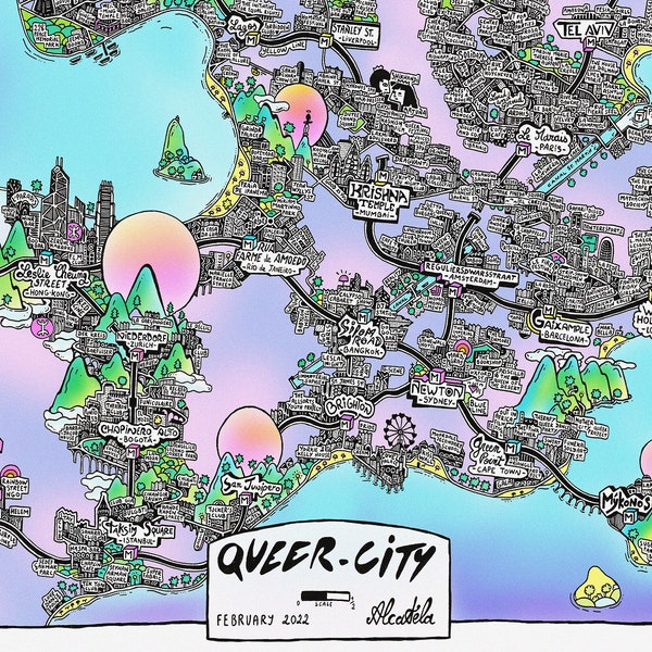QUEER CITY - Affiche Cartographie LGBTQI+ dessinée à la main pour décoration murale