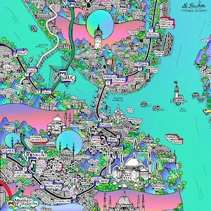 Affiche ISTANBUL - Map of ISTANBUL - Cartographie Dessinée à la main pour décoration murale représentant Istanbul