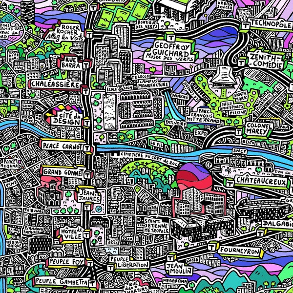Affiche de Saint-Etienne - Cartographie Dessinée à la Main pour décoration murale - Map of Saint-Etienne
