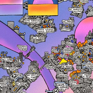 Peut inclure: Une carte illustr&eacute;e color&eacute;e d'une ville, avec des noms de rues, des monuments et des &eacute;l&eacute;ments d&eacute;coratifs. L'&oelig;uvre comprend un graphique de coucher de soleil et le texte "Europe - Simone Veil". Le style est fantaisiste et d&eacute;taill&eacute;.