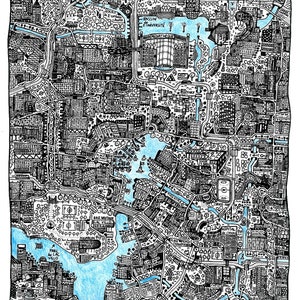 May include: A black and white hand-drawn map of a city with a blue water feature. The map includes labels for various locations, including a university, a hospital, a park, and a lake. The map is drawn in a whimsical style with lots of detail.