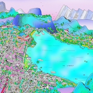 Affiche ANNECY - Map of ANNECY - Cartographie Dessinée à la main pour décoration murale représentant Annecy