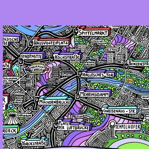 Puede incluir: Un mapa de Berl&iacute;n, Alemania, dibujado a mano y colorido, con varios puntos de referencia y nombres de calles resaltados. El mapa est&aacute; dibujado en un estilo doodle con l&iacute;neas negras y colores brillantes.