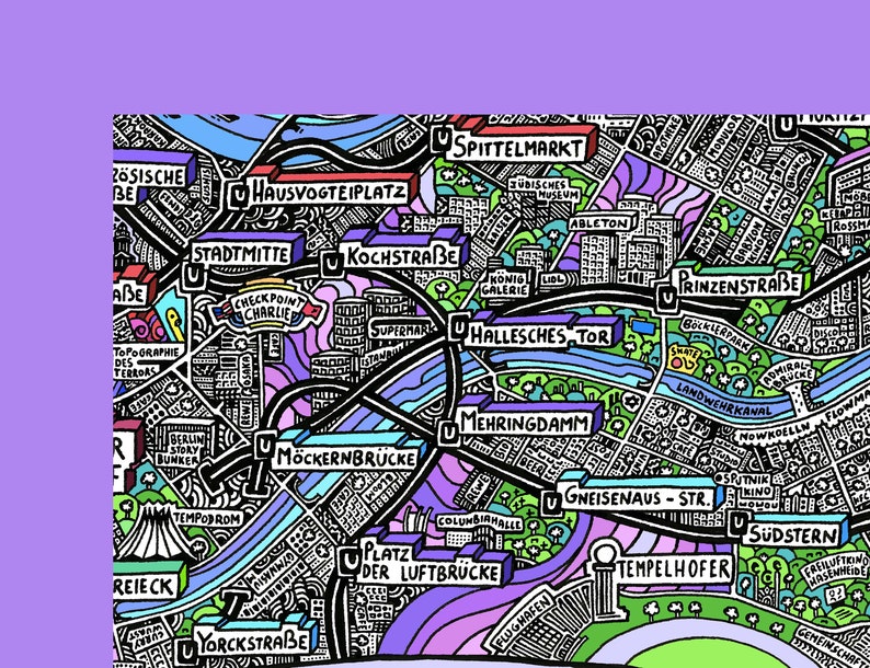Puede incluir: Un mapa de Berl&iacute;n, Alemania, dibujado a mano y colorido, con varios puntos de referencia y nombres de calles resaltados. El mapa est&aacute; dibujado en un estilo doodle con l&iacute;neas negras y colores brillantes.