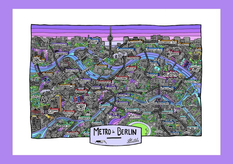 Puede incluir: Un mapa dibujado a mano y colorido del sistema de metro de Berl&iacute;n. El mapa presenta una variedad de colores y patrones, incluyendo azul, verde, morado y rosa. El mapa est&aacute; titulado "Metro de Berlin" e incluye el texto "Stadtplan" en la parte inferior.