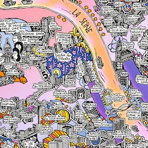 Peut inclure: Une carte dessin&eacute;e &agrave; la main et color&eacute;e d'une ville, avec des illustrations d&eacute;taill&eacute;es de b&acirc;timents, de rues et de monuments. La carte comprend le texte "LA SEINE" et divers noms de rues. Le style est vif et artistique, avec une ambiance fantaisiste.