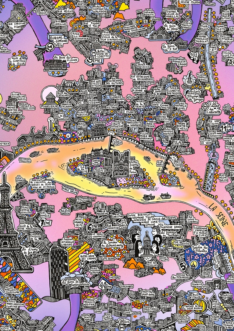 Le Paris Féminin  Affiche Féministe  Cartographie dessinée à image 1