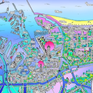Affiche Dunkerque - Map of Dunkerque - Cartographie Dessinée à la main pour décoration murale représentant la ville de Dunkerque