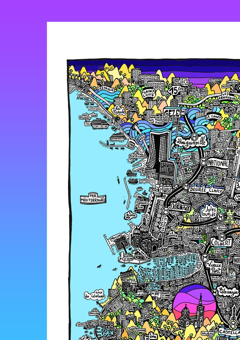 Affiche de Marseille Cartographie Dessinée à la Main pour décoration murale Map of Marseille image 2