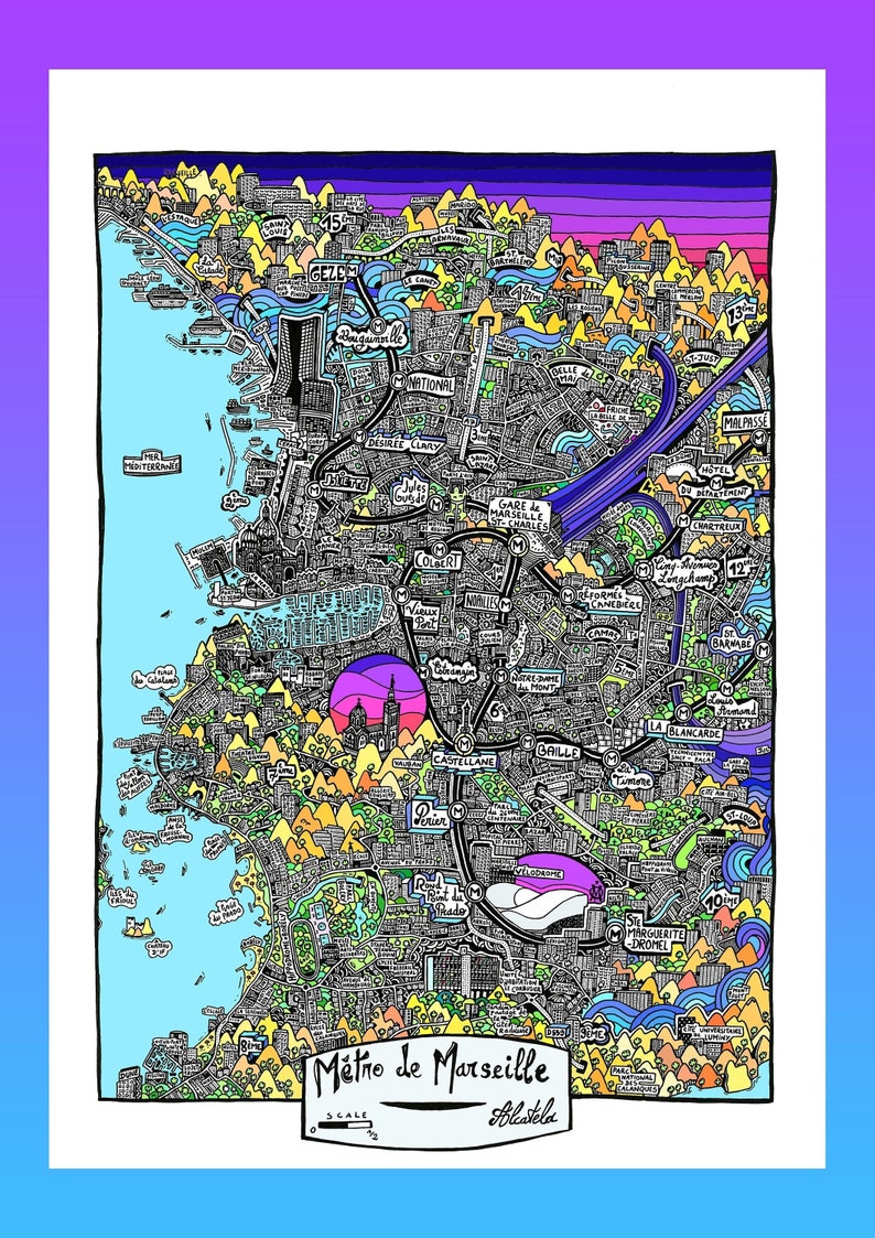 Affiche de Marseille Cartographie Dessinée à la Main pour décoration murale Map of Marseille image 1