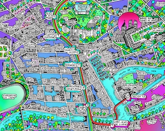 Affiche Caen - Map of Caen - Cartographie Dessinée à la main pour décoration murale représentant la ville de Caen